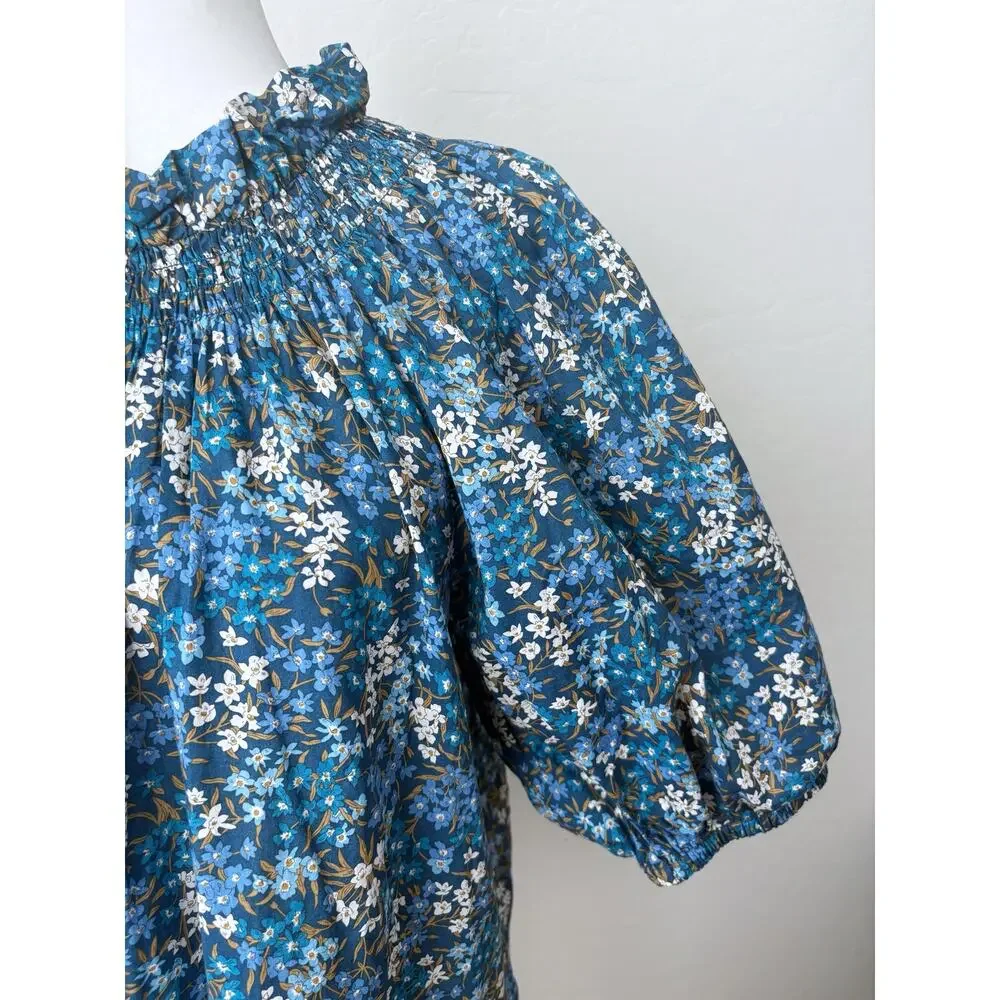 J. Crew Smocked Neck Puff Sleeve Top in Liberty Fabric Sea Blossoms Size Large